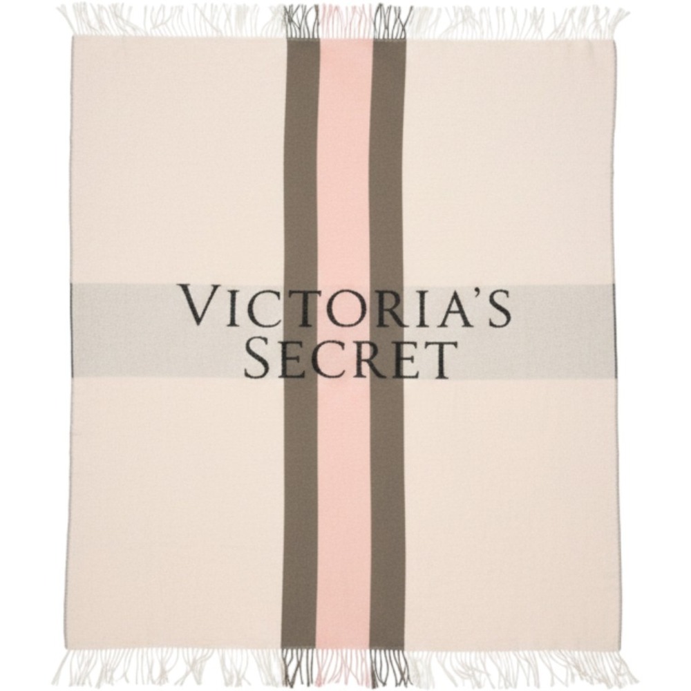 Victoria's Secret Throw Blanket Pink Grey Stripe Logo Fringe Knit 52x60 Y2K